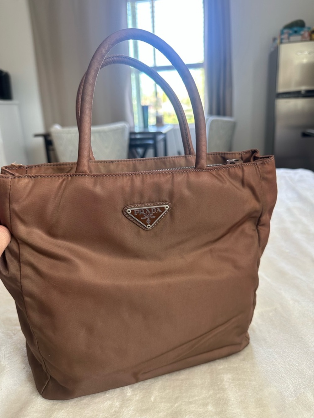 Prada Brown Nylon Tote with Triangular Logo